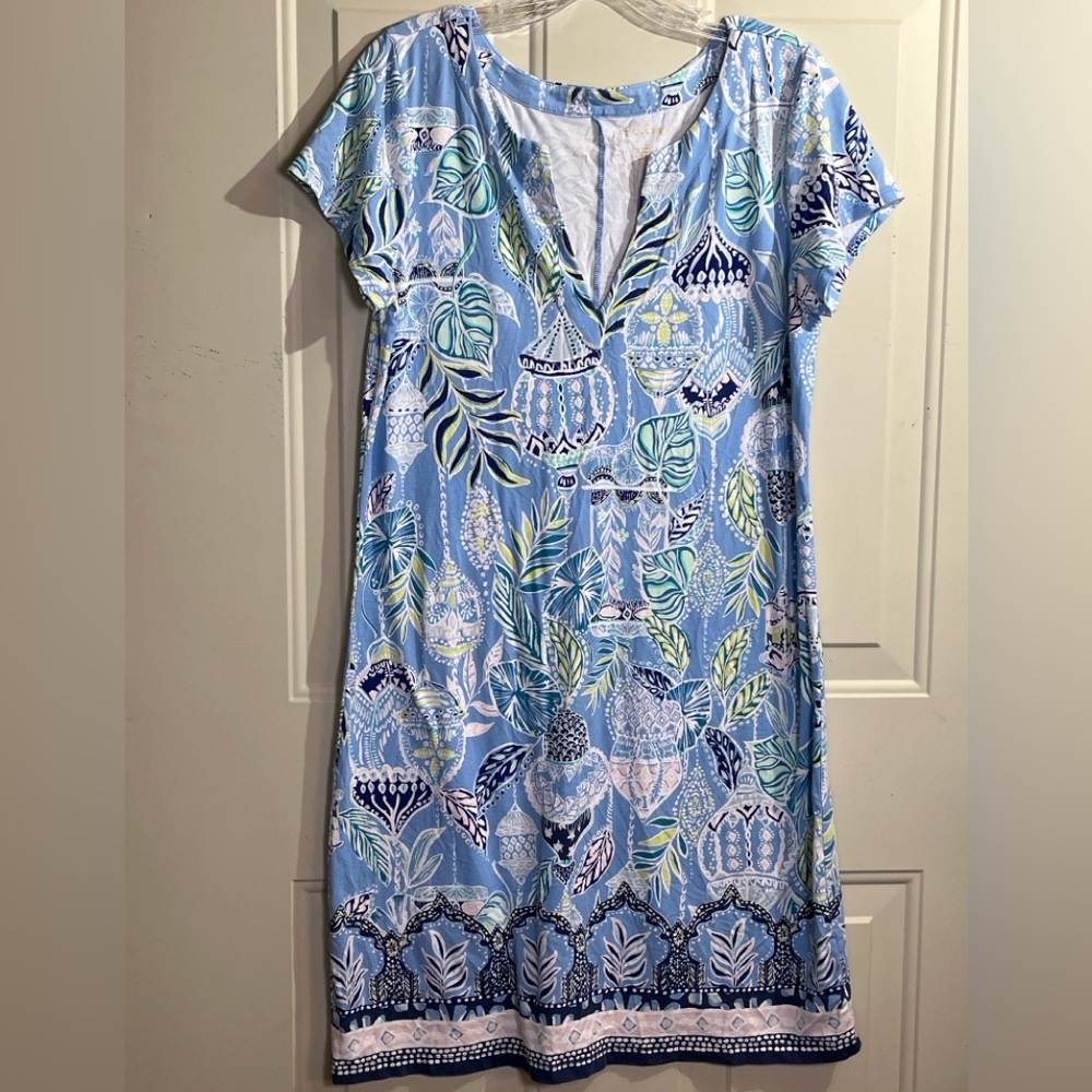 Lilly Pulitzer Blue Lantern Leaf Print Dress L Rayon Spandex Boho V-Neck